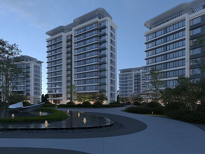 Modern High Rise Residential Building With Greenery Water Feature And Walkway 3d model