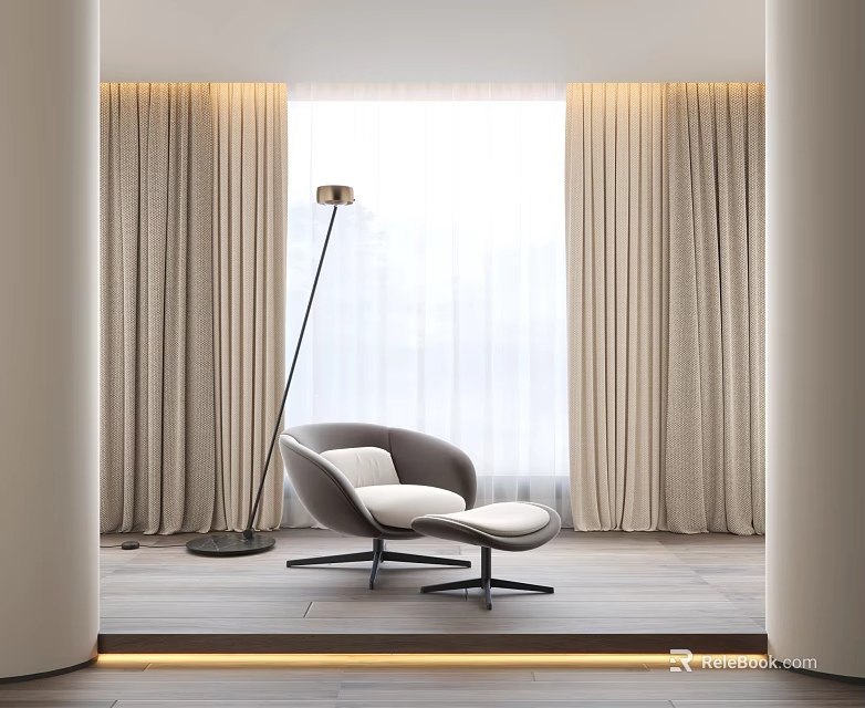 Modern Accent Chair with Floor Lamp Near Large Window Beige Curtains and Wooden Floor 3d model 