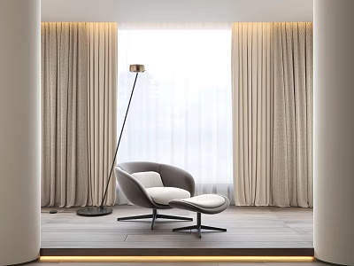 Modern Accent Chair with Floor Lamp Near Large Window Beige Curtains and Wooden Floor 3d model