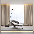 Modern Accent Chair with Floor Lamp Near Large Window Beige Curtains and Wooden Floor