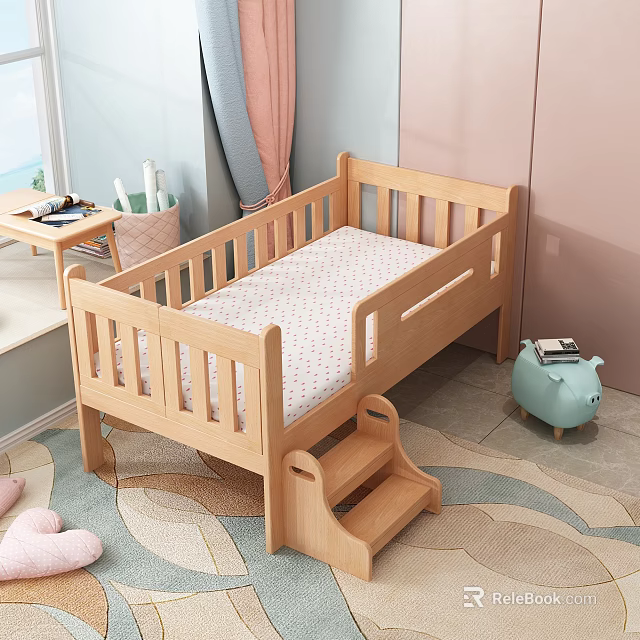 Wooden Baby Crib With Guardrails Step Stool Piggy Bank And Rug In Cozy Nursery 3d model 