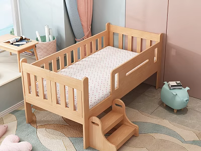 Wooden Baby Crib With Guardrails Step Stool Piggy Bank And Rug In Cozy Nursery 3d model