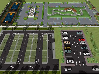 Parking Lot Layout Design With Organized Parking Spaces Directional Arrows And Green Areas 3d model