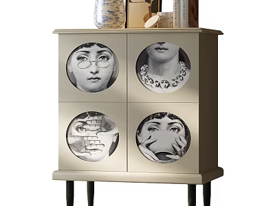 Light Colored Chest of Drawers with Round Artistic Face Panels and Black Slender Legs 3d model