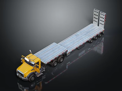 Yellow Heavy Duty Flatbed Truck With Long Loading Platform And Multiple Wheels 3d model