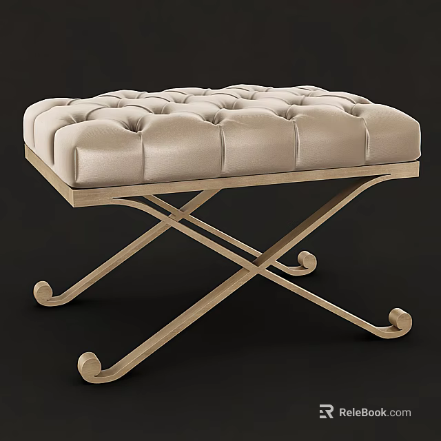 Beige Button Tufted Footstool With Upholstered Cushion Crossed Metal Frame And Curved Feet 3d model 