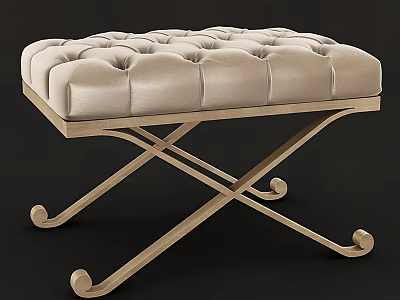 Beige Button Tufted Footstool With Upholstered Cushion Crossed Metal Frame And Curved Feet 3d model