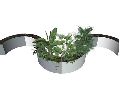Shrubs In Curved Metal Planters For Modern Garden Landscape Design With Green Foliage 3d model
