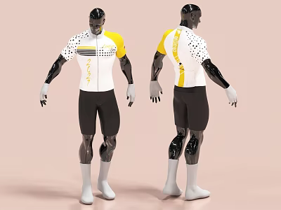 White And Yellow Cycling Jersey With Black Shorts Front Back View Design 3d model