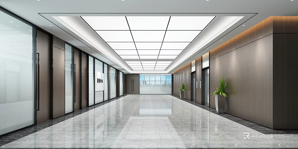 Modern Elevator Lobby With Ceiling Lights Marble Flooring And Plants 3d model
