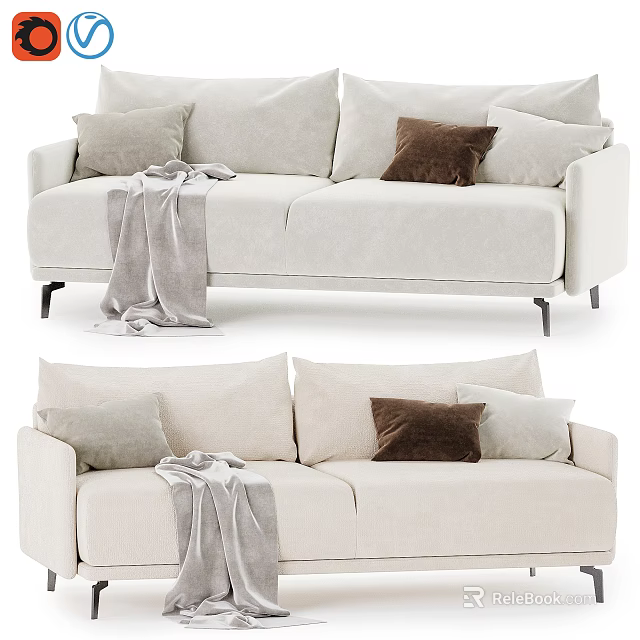 Stylish Beige Two Seater Sofa With Gray Brown Beige Pillows And Gray Blanket 3d model 