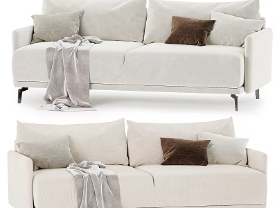 Stylish Beige Two Seater Sofa With Gray Brown Beige Pillows And Gray Blanket 3d model