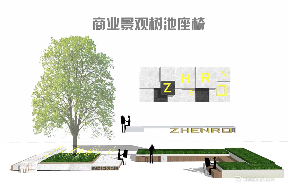 Commercial Landscape Tree Pool Seats With Greenery And People Relaxing Area 3d model 