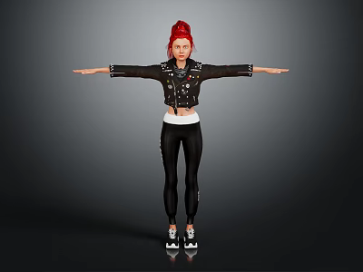 Red Haired Character In Black Leather Jacket Black Leggings White Shoes Arms Outstretched 3d model