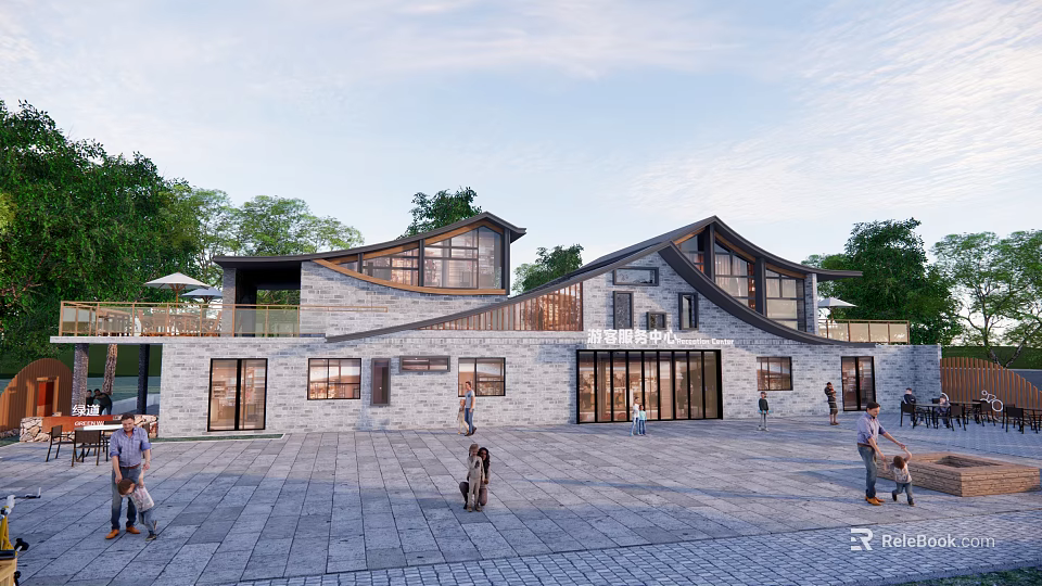 Modern Tourist Center With Gray Brick Exterior Large Windows Sloped Roof And Tree Surrounded Plaza 3d model 