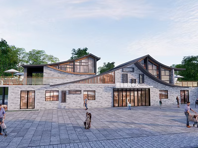 Modern Tourist Center With Gray Brick Exterior Large Windows Sloped Roof And Tree Surrounded Plaza 3d model