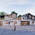 Modern Tourist Center With Gray Brick Exterior Large Windows Sloped Roof And Tree Surrounded Plaza