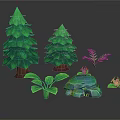Cartoon Scene With Green Trees Small Ferns Colorful Stones And Pink Flowers