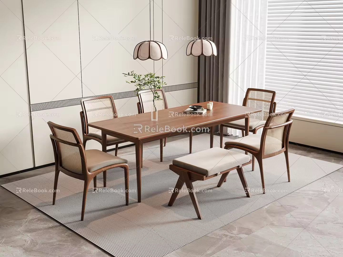 Quiet ancient style dining table and chair chandelier 3d model