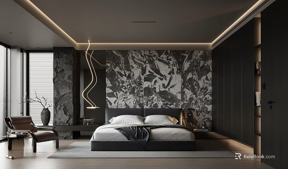 Modern Bedroom With Dark Ceiling Strip Lighting Marble Accent Wall Large Bed Nightstand And Chair 3d model 