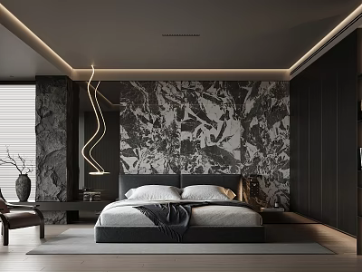 Modern Bedroom With Dark Ceiling Strip Lighting Marble Accent Wall Large Bed Nightstand And Chair 3d model