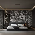 Modern Bedroom With Dark Ceiling Strip Lighting Marble Accent Wall Large Bed Nightstand And Chair