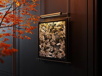 Intricate Botanical Painting With Plant Patterns On Dark Wall And Red Maple Leaves 3d model