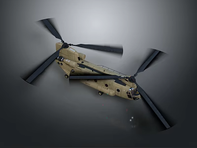 Military Khaki Twin Rotor Helicopter Flying With Rotating Rotors Against Grey Background 3d model