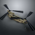 Military Khaki Twin Rotor Helicopter Flying With Rotating Rotors Against Grey Background