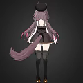 Woman with Cat Ears and Tail in Black Dress Pink Purple Hair Knee High Boots