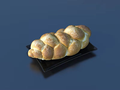 Freshly Baked Braided Bread on Black Plate with Golden Crust Fluffy Texture 3d model