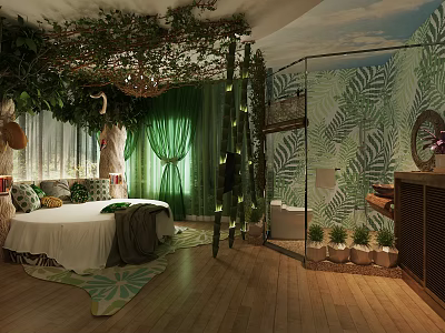 Hotel Room Interior With Natural Forest Theme Green Vines Plants And Cozy Bed 3d model