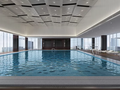 Modern Indoor Swimming Pool Design With Large Windows Natural Light And Lounge Chairs 3d model