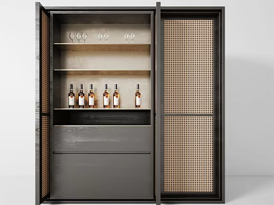 Modern Open Bar Cabinet With Wooden Shelves Wine Bottles And Mesh Door 3d model