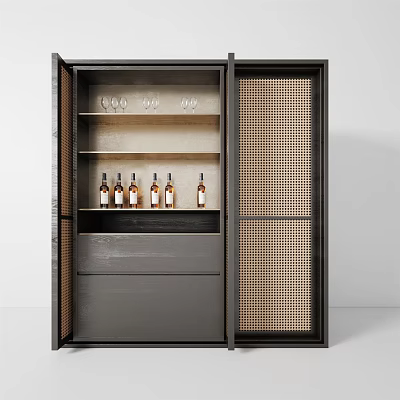 Modern Open Bar Cabinet With Wooden Shelves Wine Bottles And Mesh Door 3d model