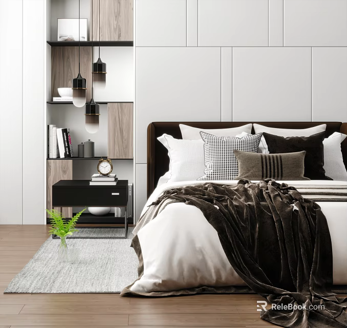 Modern Double Bed with Pillows Blanket Wooden Nightstand Alarm Clock and Green Plant on Rug 3d model 