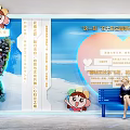 Popular Photo Check-in Spot With Cartoon Character Blue Bench And Decorative Plant