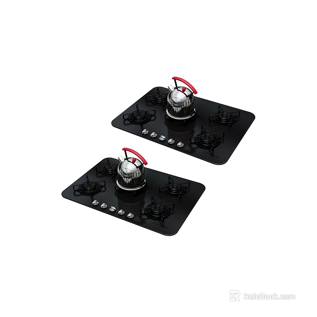 Two Black Gas Cooktops As Kitchen Appliances With Red Knobs And Burners 3d model