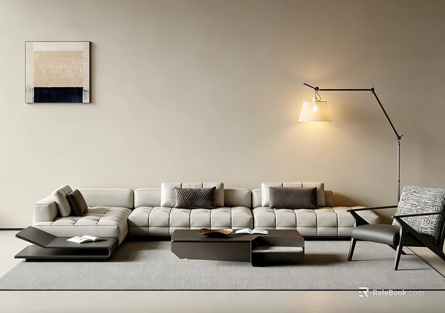 Modern Sofa Set With Gray Cushions Floor Lamp Coffee Table And Decorative Painting 3d model 