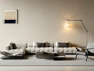 Modern Sofa Set With Gray Cushions Floor Lamp Coffee Table And Decorative Painting 3d model