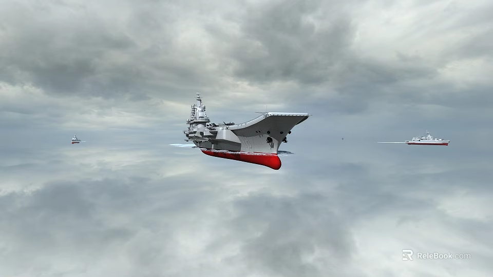 Aircraft Carrier Sailing On Ocean Surface Under Cloudy Sky With Other Ships 3d model 