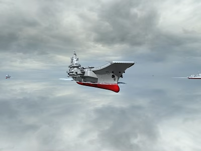 Aircraft Carrier Sailing On Ocean Surface Under Cloudy Sky With Other Ships 3d model