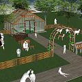 Cute Pet Amusement Park With Wooden Fences Animal Models People Interacting Wooden Walkway Green Lawn And Arched Gate