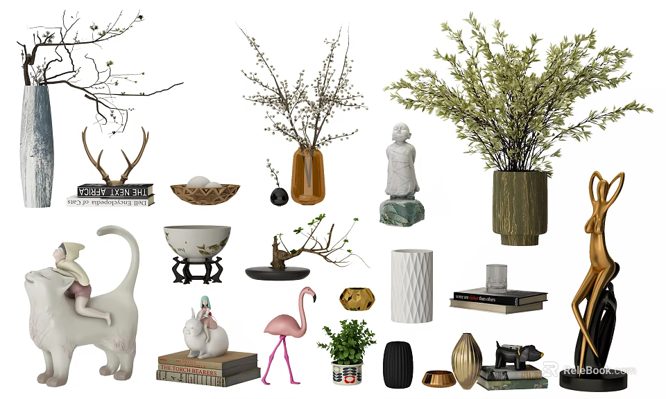 Elegant Modern Decorative Ornament Set With Deer Head Vases Sculptures Green Plants And Figurines 3d model 