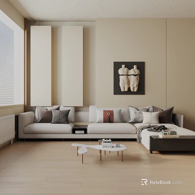Modern Beige Living Room Interior With Gray Three-Seater Sofa Throw Pillows And Coffee Table 3d model 