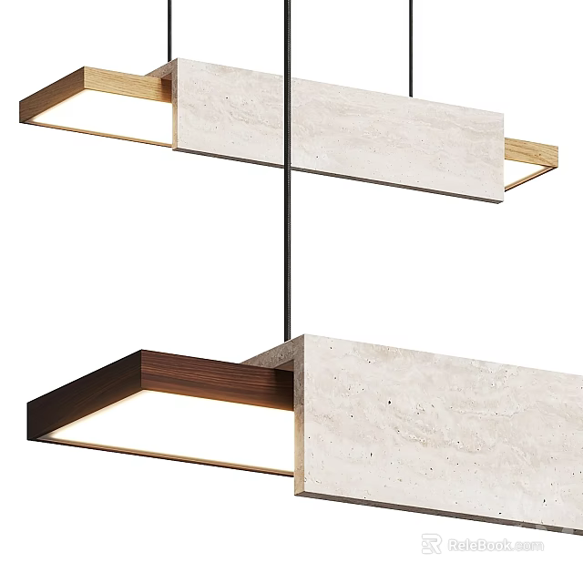Modern Pendant Light with Stone Panel and Wooden Frame Rectangular Hanging Design 3d model