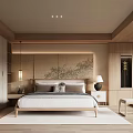 Minimalist Modern Bedroom Interior With Wooden Bed Decorative Wall Panel Bedside Tables And Lamps