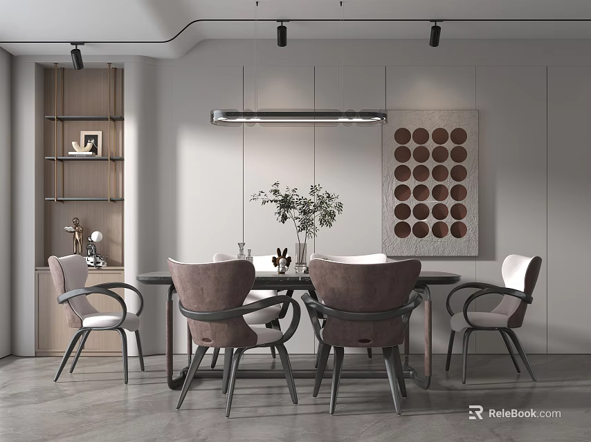 Modern Restaurant Interior Design With Dining Table Chairs Pendant Light Artwork And Shelf 3d model