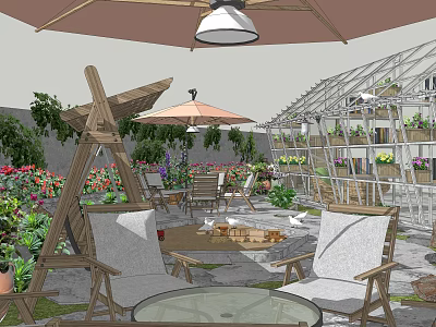 Outdoor Garden Landscape Design With Wooden Furniture Umbrella Green Plants And Glass Greenhouse 3d model