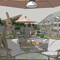 Outdoor Garden Landscape Design With Wooden Furniture Umbrella Green Plants And Glass Greenhouse